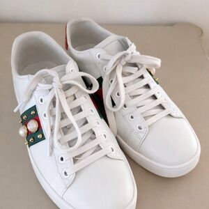 Gucci White Leather Sneakers with Red & Green Web and Gold Studs